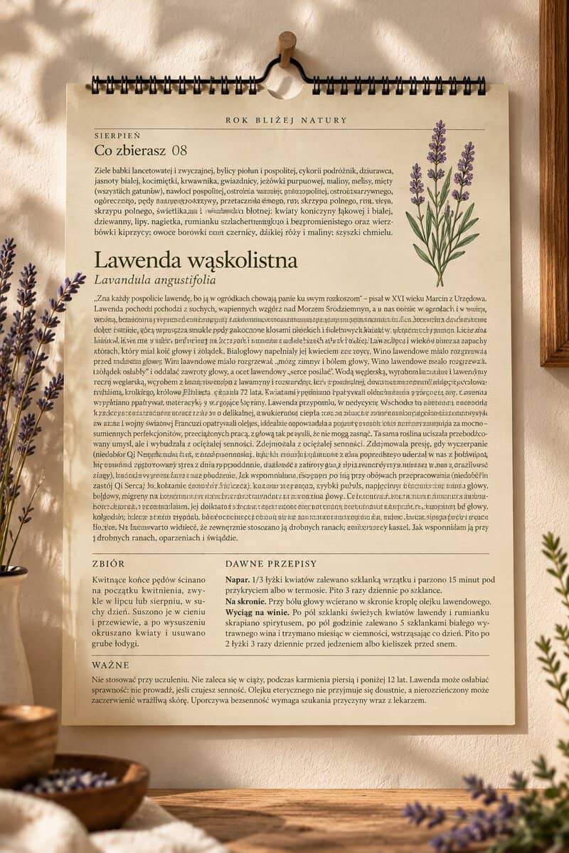Strona kalendarza z lawendą wisząca na ścianie, wizualizacja poglądowa